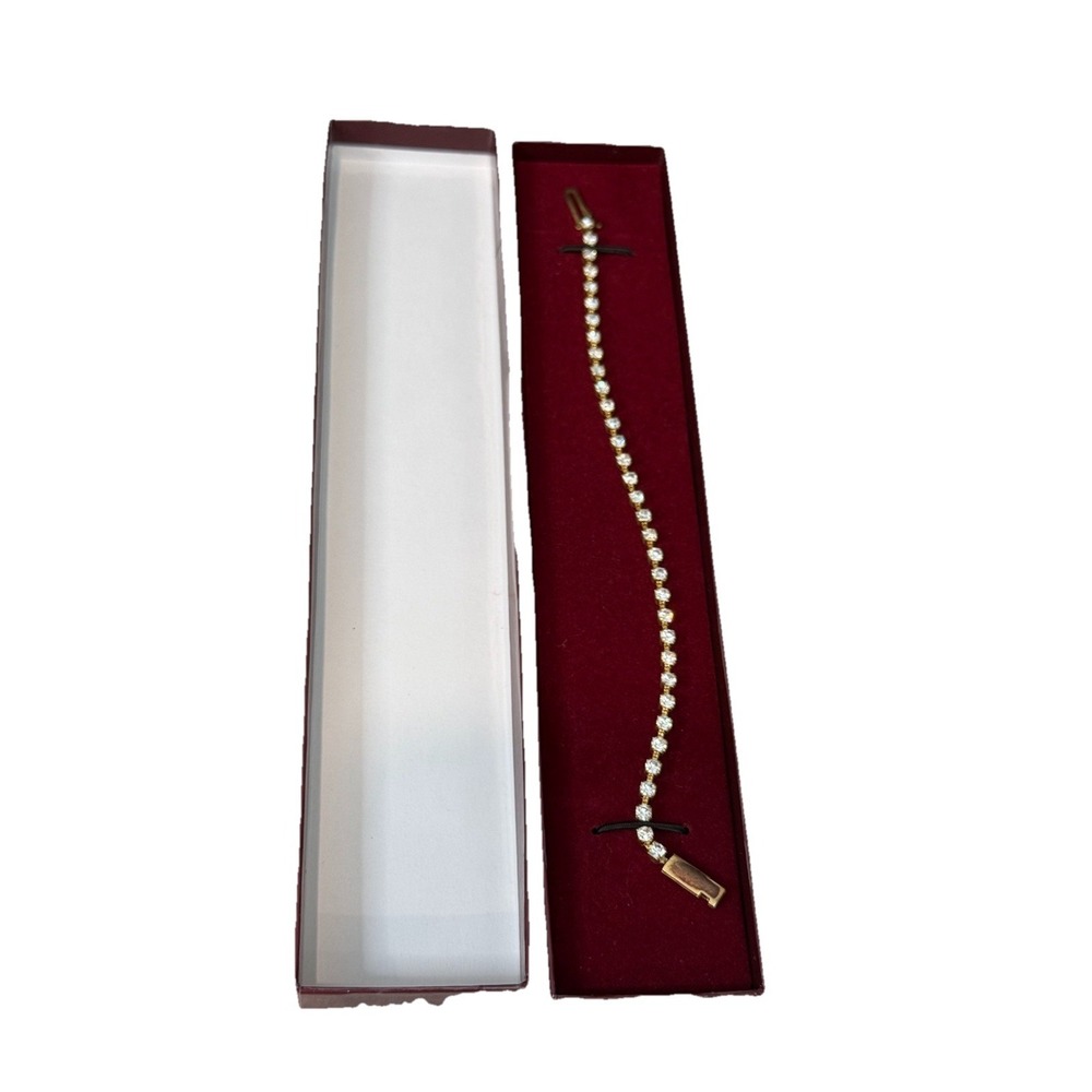 VTG Gold Tone Clear Crystal Rhinestone Tennis Bracelet Box Clasp Safety Chain 7"
